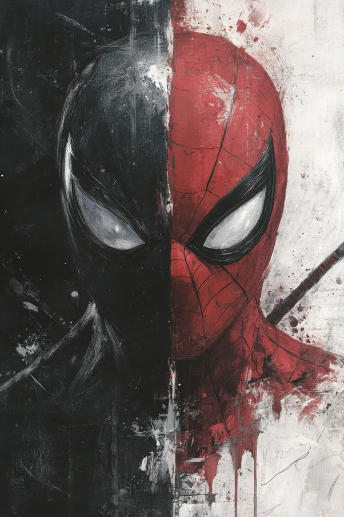 A stylized artwork depicts a split face, half Spider-Man and half Venom.  The red and black halves are separated by a stark line, with a textured, abstract background in shades of gray and white.  The style is reminiscent of graffiti art or a grunge aesthetic, employing splashes and drips of paint to create a dynamic, contrasting image. The eyes are prominent, emphasizing the duality of the characters.