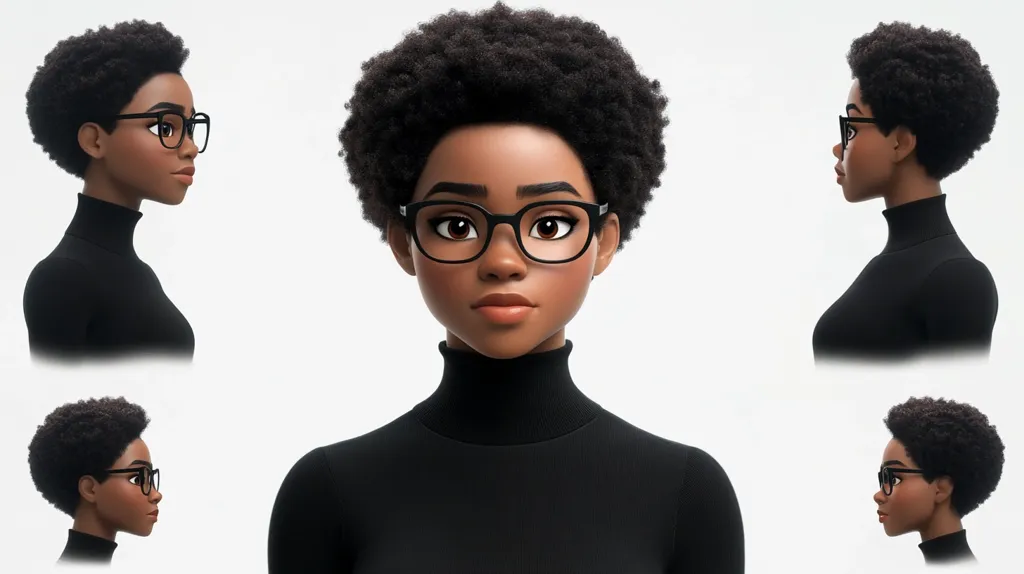 The image shows a stylized 3D rendering of a young Black woman with a short afro hairstyle and glasses.  She's depicted in profile views, and a central frontal view wearing a black turtleneck. The style is clean and modern, with a focus on realistic features and smooth textures.  The image showcases multiple angles of the same character model.