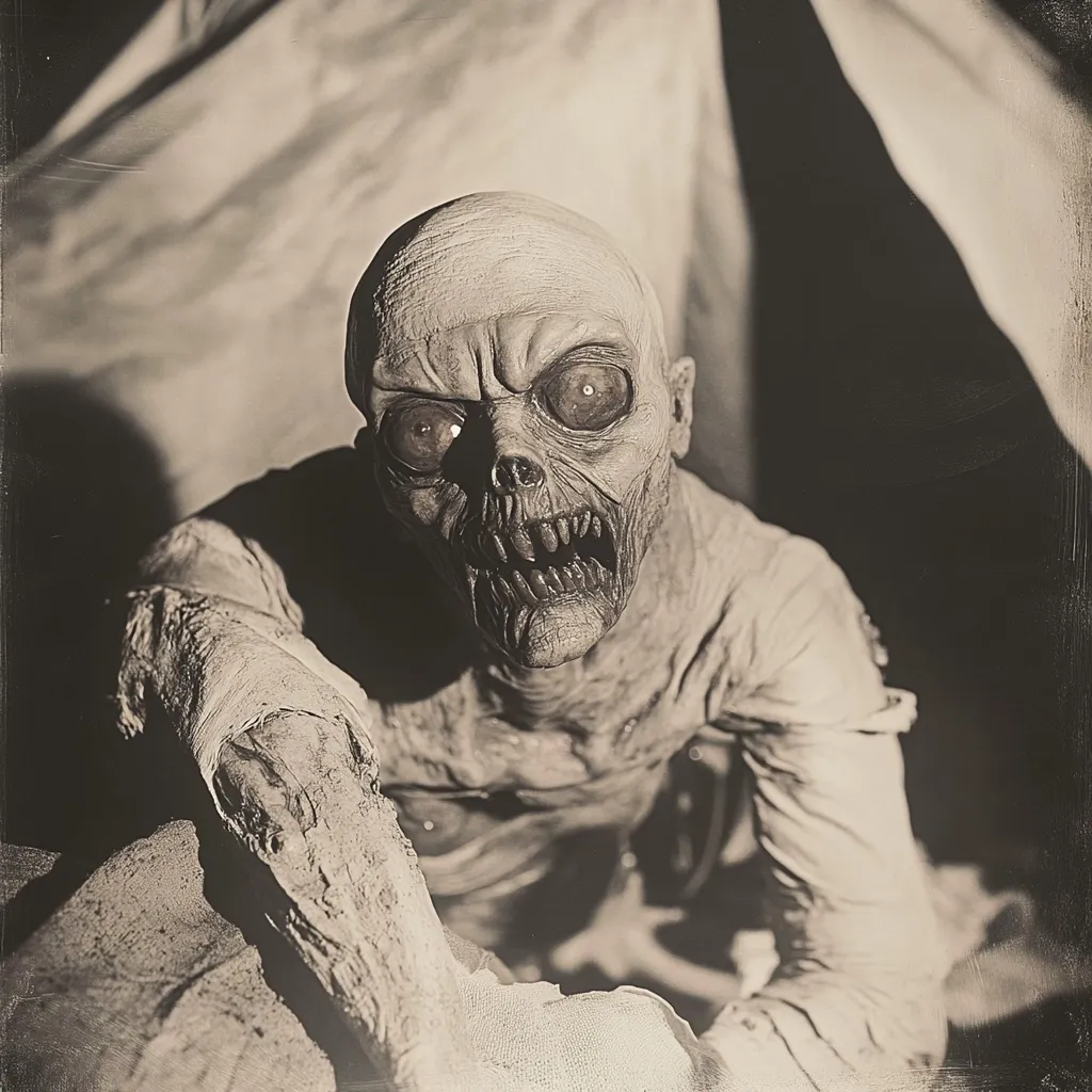 A sepia-toned image depicts a horrifying zombie-like creature. Its decaying flesh is exposed, revealing a skull-like face with sunken eyes and a grotesque grin.  The creature crawls forward, its arms wrapped in tattered cloth, creating a chilling and unsettling atmosphere. The background suggests a dark, possibly abandoned, setting, enhancing the overall sense of dread.