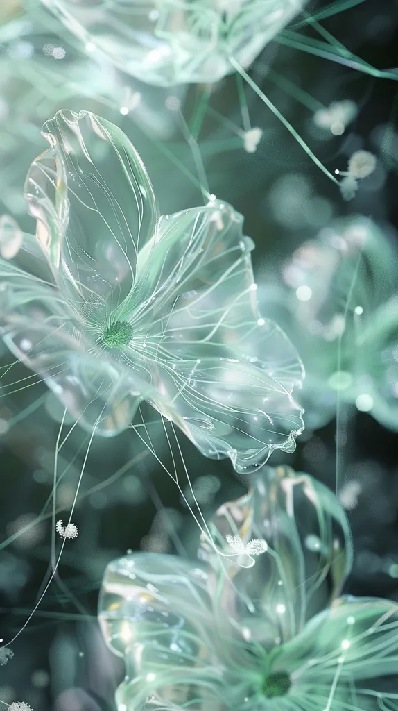 The image is a digital artwork depicting ethereal, translucent flowers.  They are a delicate, mint green, with fine, glowing lines radiating from their centers.  The flowers appear almost glass-like, and are suspended against a dark, blurry background.  Small, glowing particles float around the flowers, adding to their otherworldly quality.  The overall effect is one of serene beauty and delicate fragility.
