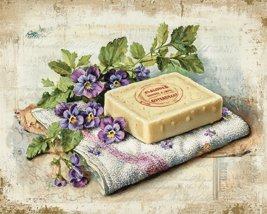 A still life painting depicts a bar of soap, resting on a folded towel, adorned with a bouquet of purple pansies.  The soap bears a vintage-style stamp. The background features aged paper with faded writing, adding a sense of nostalgia and antique charm to the composition. The overall palette is soft and muted, with creamy beige and delicate purple tones dominating.