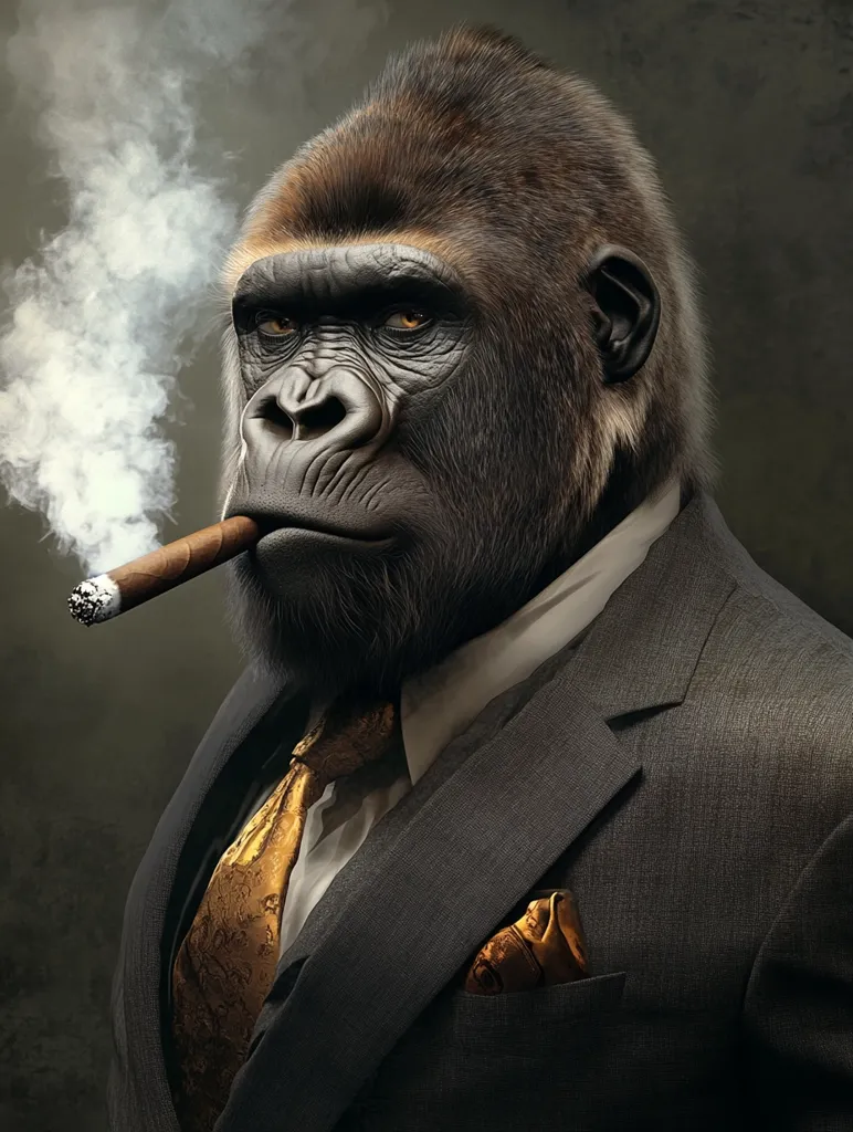 A digitally created image portrays a gorilla in a dark gray suit and gold tie.  The gorilla's expression is serious, almost pensive, as it holds a lit cigar, smoke curling from its mouth.  The background is a muted, textured gray, drawing focus to the gorilla's imposing figure and sophisticated attire.  The overall style suggests a blend of realism and stylized portraiture.