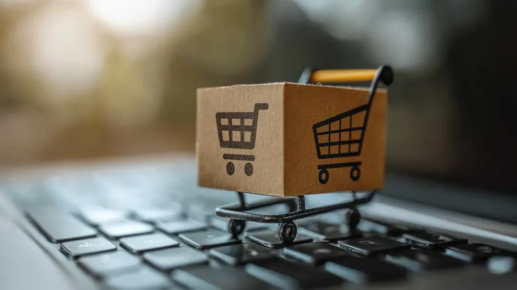 A small cardboard box rests in a miniature shopping cart on a laptop keyboard.  The box is adorned with a shopping cart symbol, representing online shopping and e-commerce. The image symbolizes the convenience of purchasing goods online and having them delivered directly.  The blurred background suggests a home or office setting.