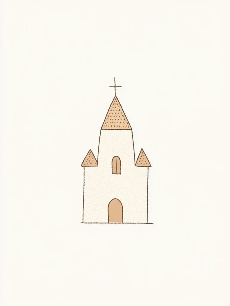 A simple line drawing depicts a church.  It's a light beige building with a taller central tower topped with a cross and smaller towers on either side. The main entrance is arched, and a smaller, arched window is visible above. The style is minimalist and childlike, suggesting a sense of innocence and faith.