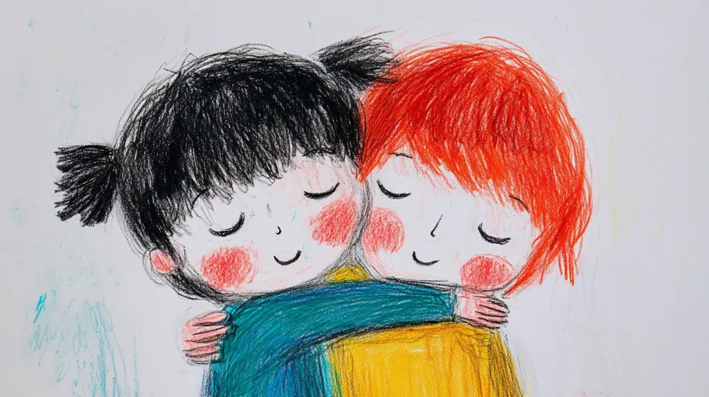 A charming crayon drawing depicts two young girls embracing.  One girl has black hair styled in pigtails, while the other has vibrant orange hair.  Their eyes are closed, suggesting a peaceful, affectionate moment.  They're drawn with simple, childlike features, rosy cheeks adding to their sweet appearance. The overall style is expressive and heartwarming.