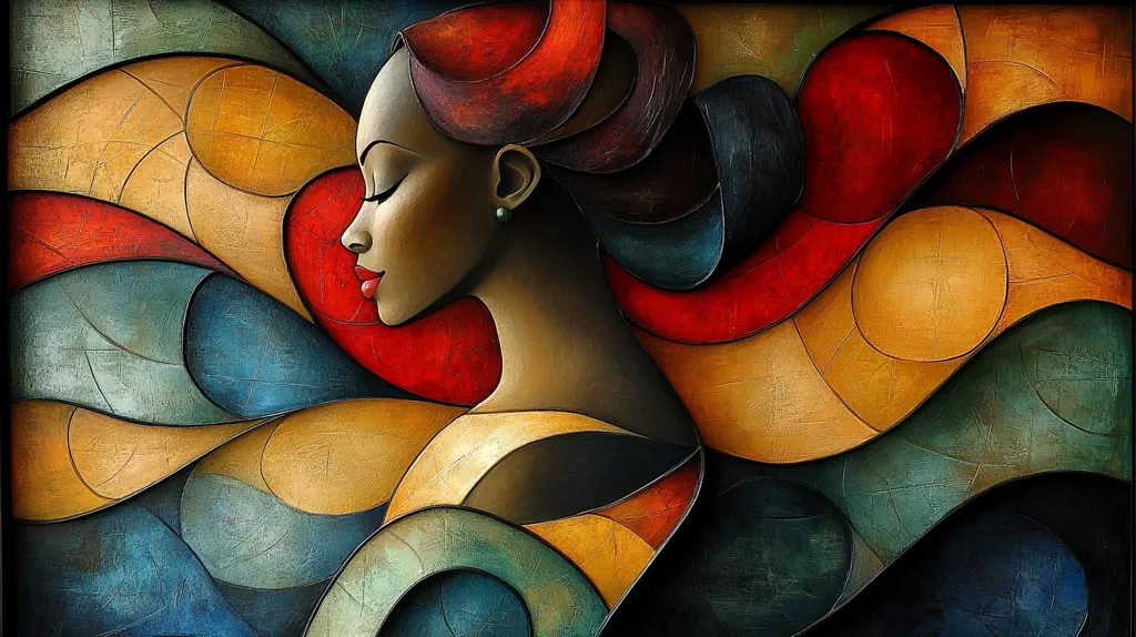 A stylized portrait of a Black woman is depicted against an abstract background of swirling, textured shapes in rich hues of red, gold, teal, and dark brown.  Her eyes are closed, suggesting serenity. The artist employs a cubist-influenced style, creating depth and form through layered, curved planes of color.  The overall effect is one of elegance and mystery.
