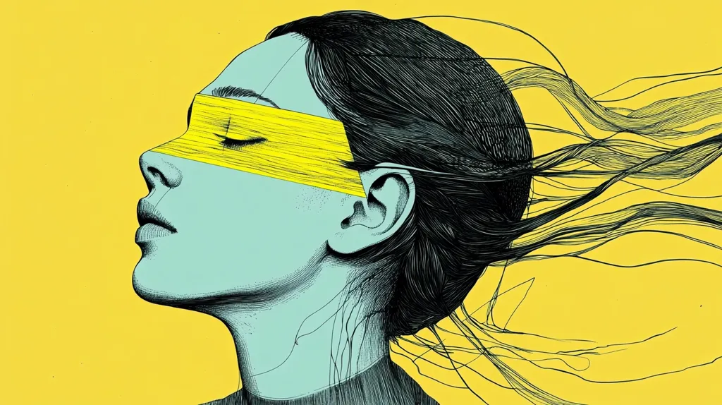 A stylized illustration depicts a woman's profile against a vibrant yellow backdrop.  Her eyes are closed, and a bold yellow band obscures her upper eyelids.  Her teal-toned skin contrasts with her dark, flowing hair, which streams dramatically to the right, suggesting movement and wind.  The linework is precise and detailed, creating a graphic and expressive image.
