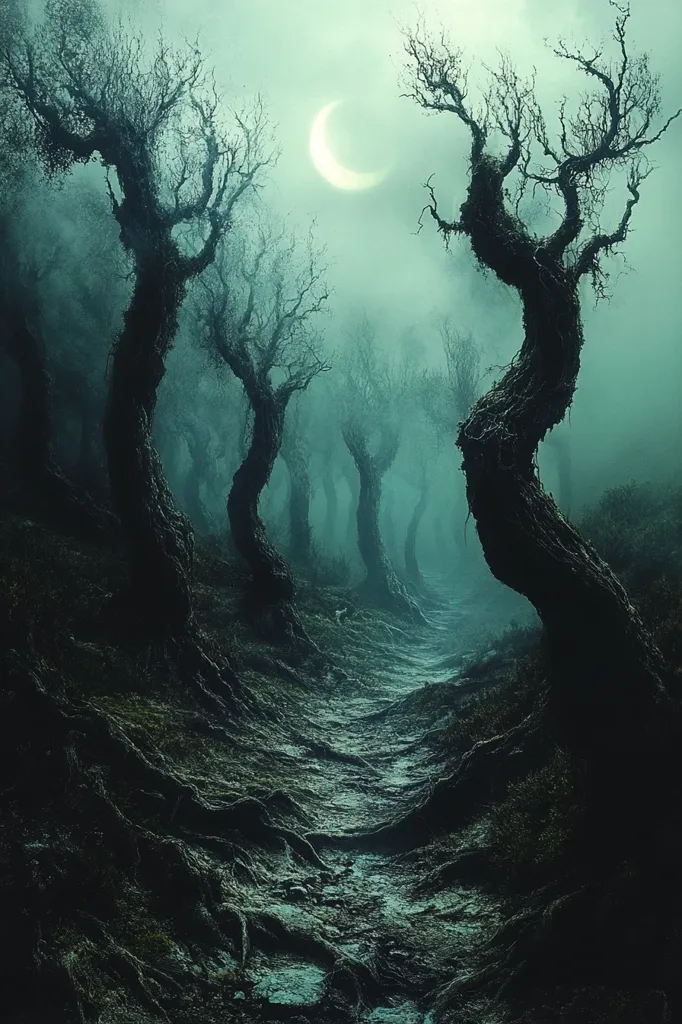 A crescent moon hangs in a misty, teal sky above a path winding through a dark forest.  Twisted, gnarled trees line the path, their branches reaching towards the sky.  The scene is eerie and atmospheric, evoking a sense of mystery and perhaps even unease.  The ground is damp and mossy, adding to the overall haunting ambiance.