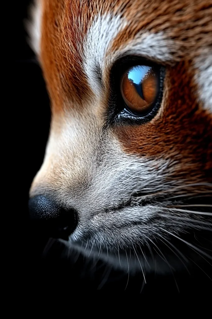 Close-up of a red panda's face, highlighting its striking eye. The rich, reddish-brown fur contrasts with the white markings around its eye and muzzle.  The image is dark, with the focus sharply on the animal's features, creating a dramatic and intimate portrait.  The panda's whiskered muzzle and reflective eye are captivating details.