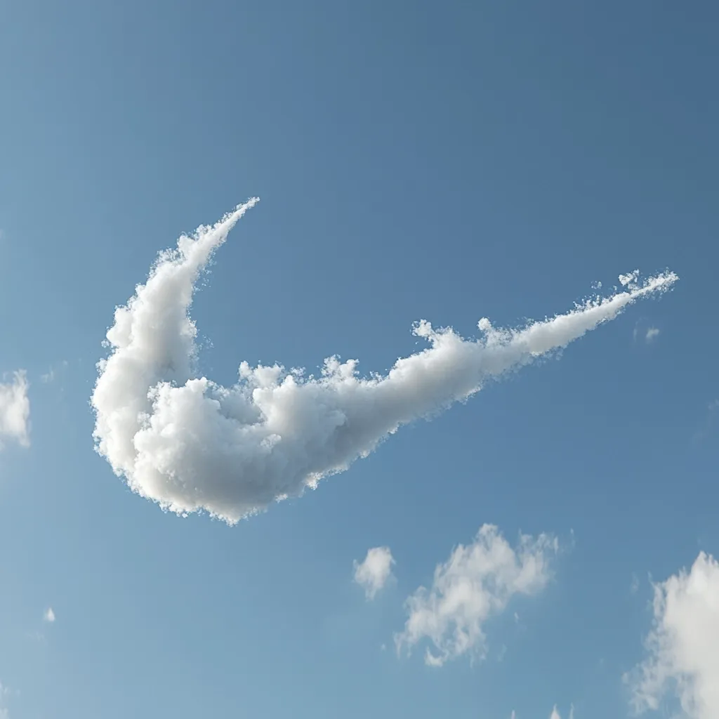 A fluffy white cloud formation in a clear blue sky is shaped like the Nike swoosh logo.  The cloud's edges are somewhat wispy and irregular, contrasting with the sharp lines of the iconic brand symbol it resembles. Other smaller, fluffy clouds are scattered across the sky. The image is simple yet striking, with the unusual cloud formation as its focal point.