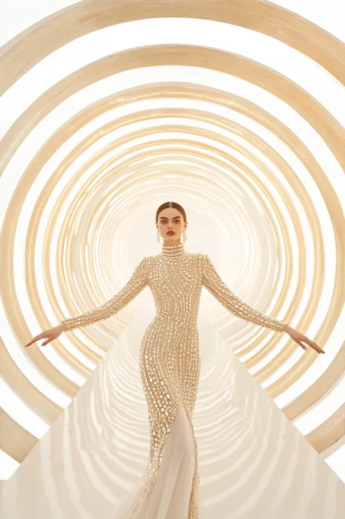 A woman in a shimmering, champagne-colored, long-sleeved gown stands within a circular, architectural structure.  The dress is adorned with intricate beading or embroidery. The background features concentric, glowing arches creating a dramatic and ethereal setting.  She looks directly at the camera with a poised expression. The overall mood is elegant and modern.
