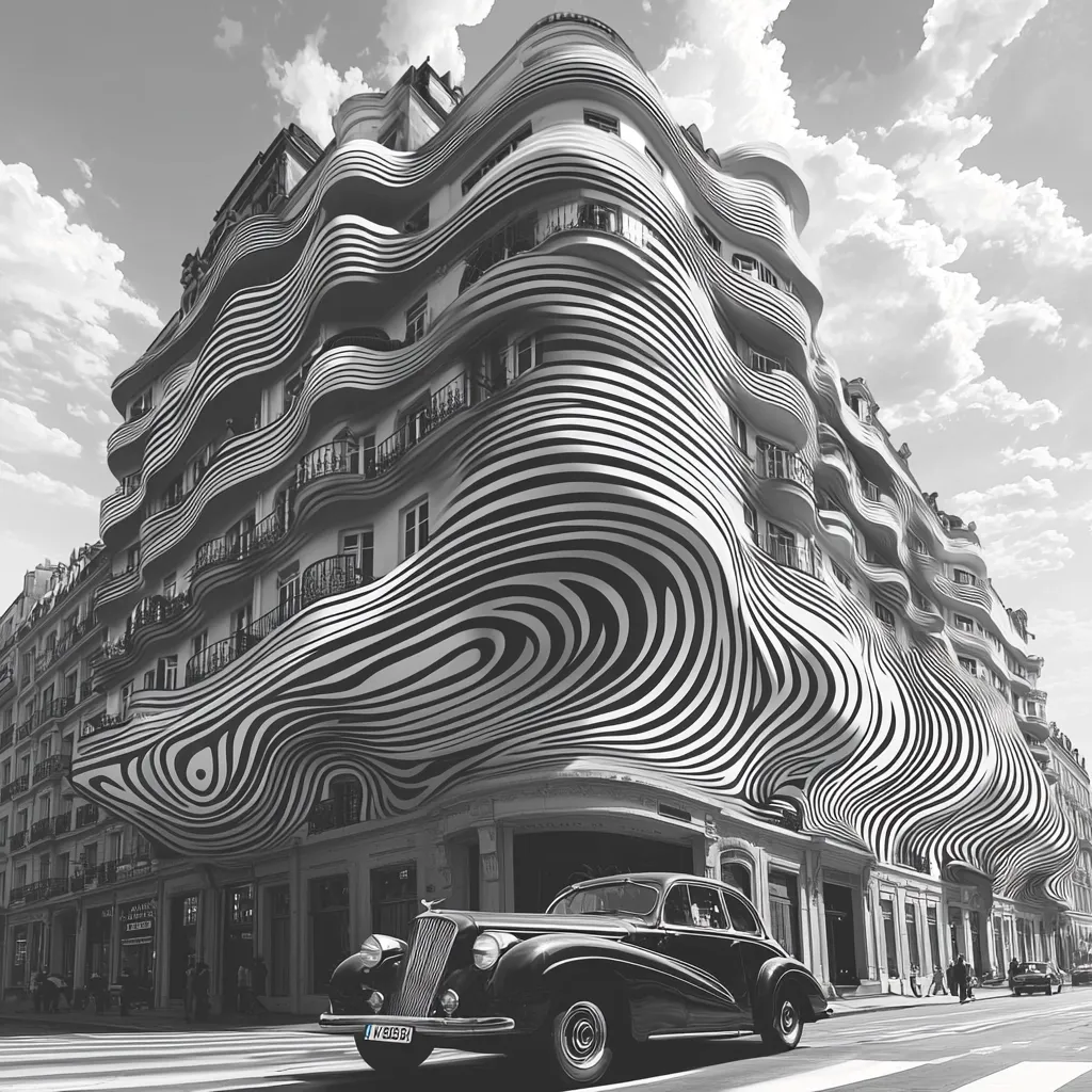 A black and white image showcases a building dramatically draped in a swirling, zebra-striped fabric. The building's architecture is classical, contrasting sharply with the modern, abstract textile. A vintage car is parked in front, adding a touch of old-world charm. The scene is a captivating blend of architectural styles and artistic expression, creating a surreal and visually striking effect.  The sky is partly cloudy, enhancing the dramatic mood.