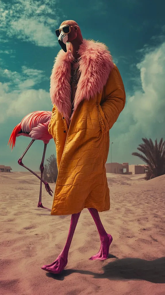 A surreal image depicts a flamingo-headed figure in a mustard-yellow, fur-collared coat strolling across a sandy desert landscape.  The figure's legs are flamingo legs, and it wears sunglasses.  Another flamingo follows behind, under a bright, partly cloudy sky. The overall mood is whimsical and slightly unsettling.
