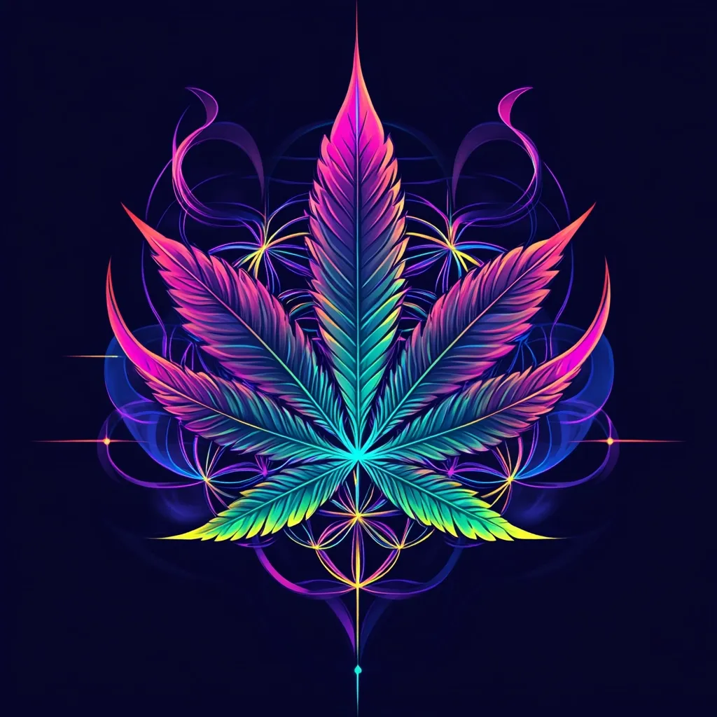 A vibrant, stylized cannabis leaf is depicted against a dark background.  The leaf is rendered in a spectrum of neon colors, from pinks and purples to blues and greens, creating a psychedelic effect.  It's intricately detailed and superimposed on a geometric, flower-of-life pattern, adding a mystical and spiritual element to the design.  Swirling, smoky lines enhance the overall otherworldly feel.