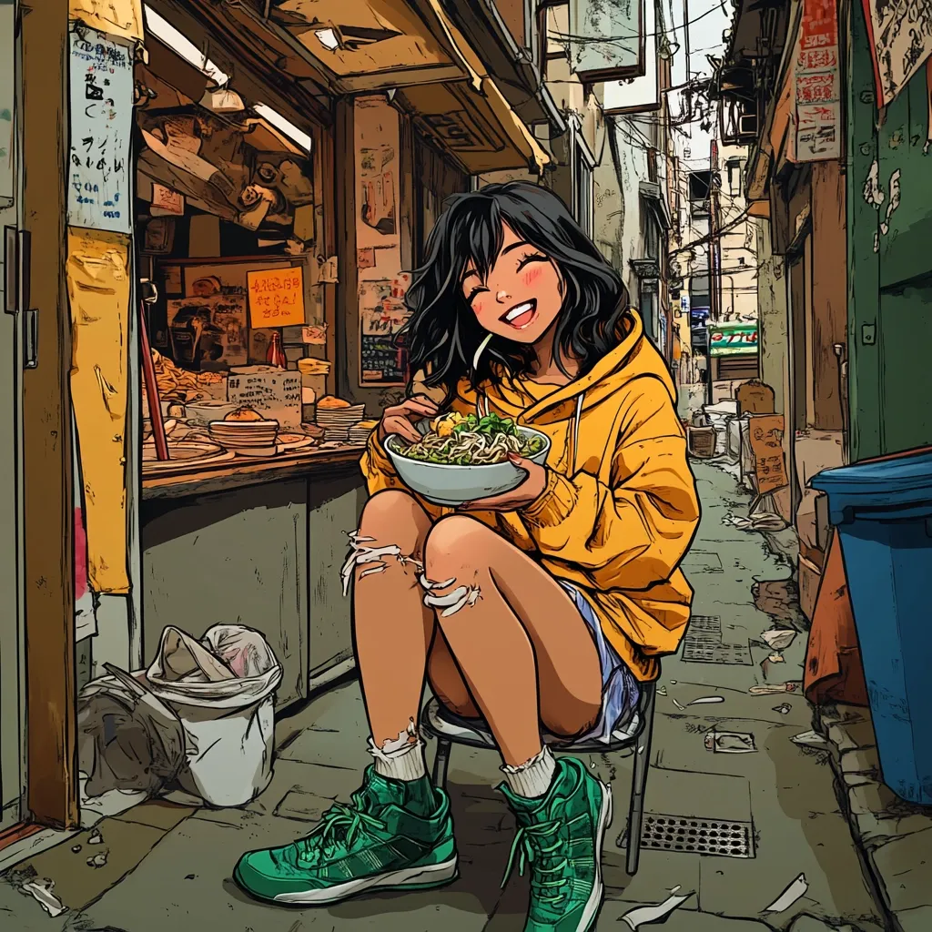 A smiling anime-style girl sits on a stool in a narrow, bustling Asian alleyway, happily enjoying a large bowl of noodles.  She's dressed in a yellow hoodie and ripped shorts, wearing high-top sneakers. The scene is vibrant and detailed, showcasing a food stall with various dishes and a cluttered but charming street environment.  The overall style is a blend of comic book and street art aesthetics.