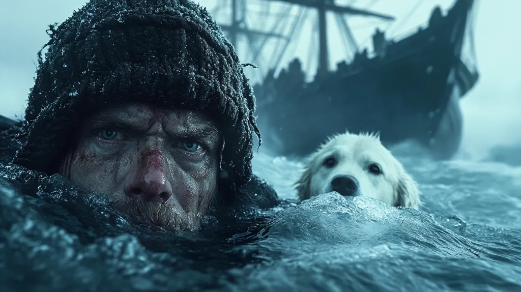 A man with a bloodied face and a thick, matted fur hat emerges from the icy water, his gaze intense.  Beside him, a golden retriever dog also swims, its head partially submerged.  In the background, a large, dark sailing ship is partially visible, suggesting a scene of shipwreck or survival at sea. The overall mood is one of grim determination and hardship.