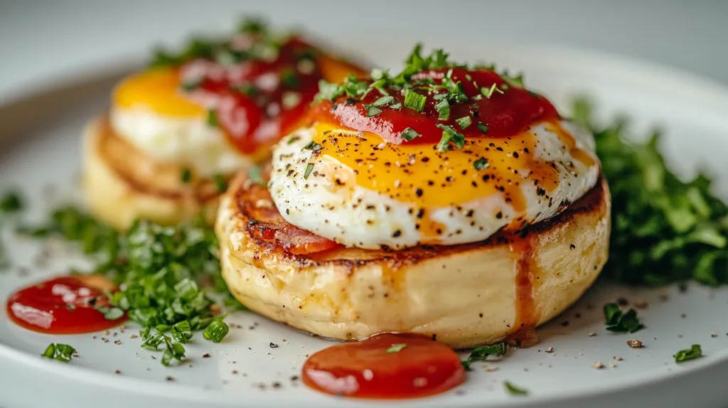 Two golden-brown English muffins are topped with fried eggs, crispy bacon, and a generous drizzle of ketchup.  Fresh herbs garnish the dish, which is plated with additional ketchup and scattered herbs.  The image showcases a delicious and visually appealing breakfast or brunch item.