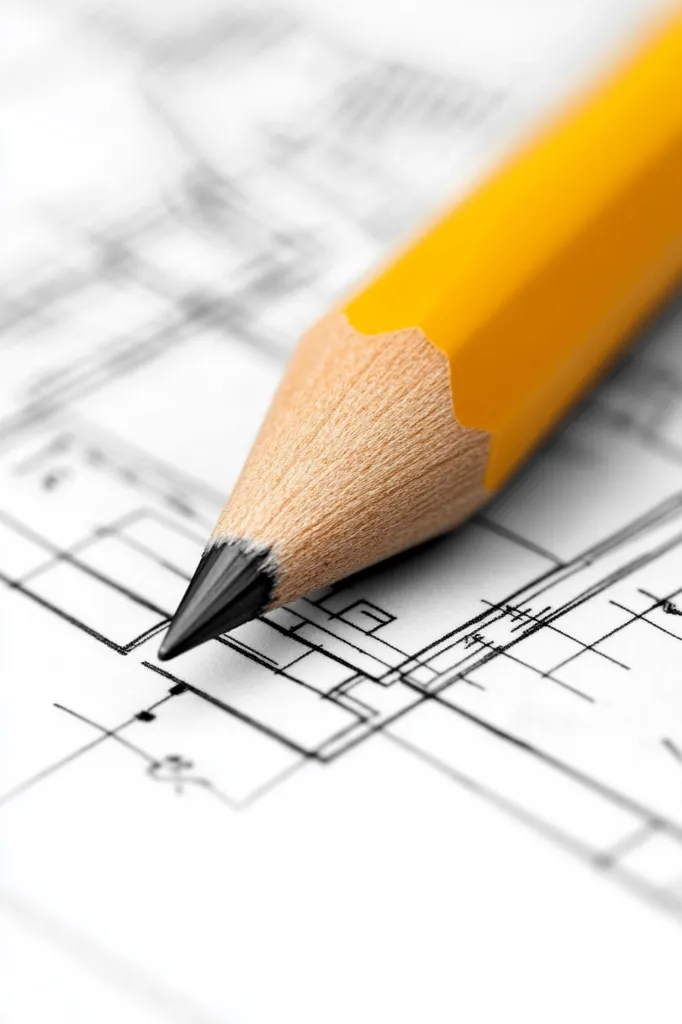 A sharpened yellow pencil rests on architectural blueprints.  The pencil's graphite tip is clearly visible, suggesting preparation for drawing or annotation. The blueprint shows detailed lines and sketches, indicating a plan or design. The image conveys a sense of precision and meticulous work in the field of architecture or engineering.