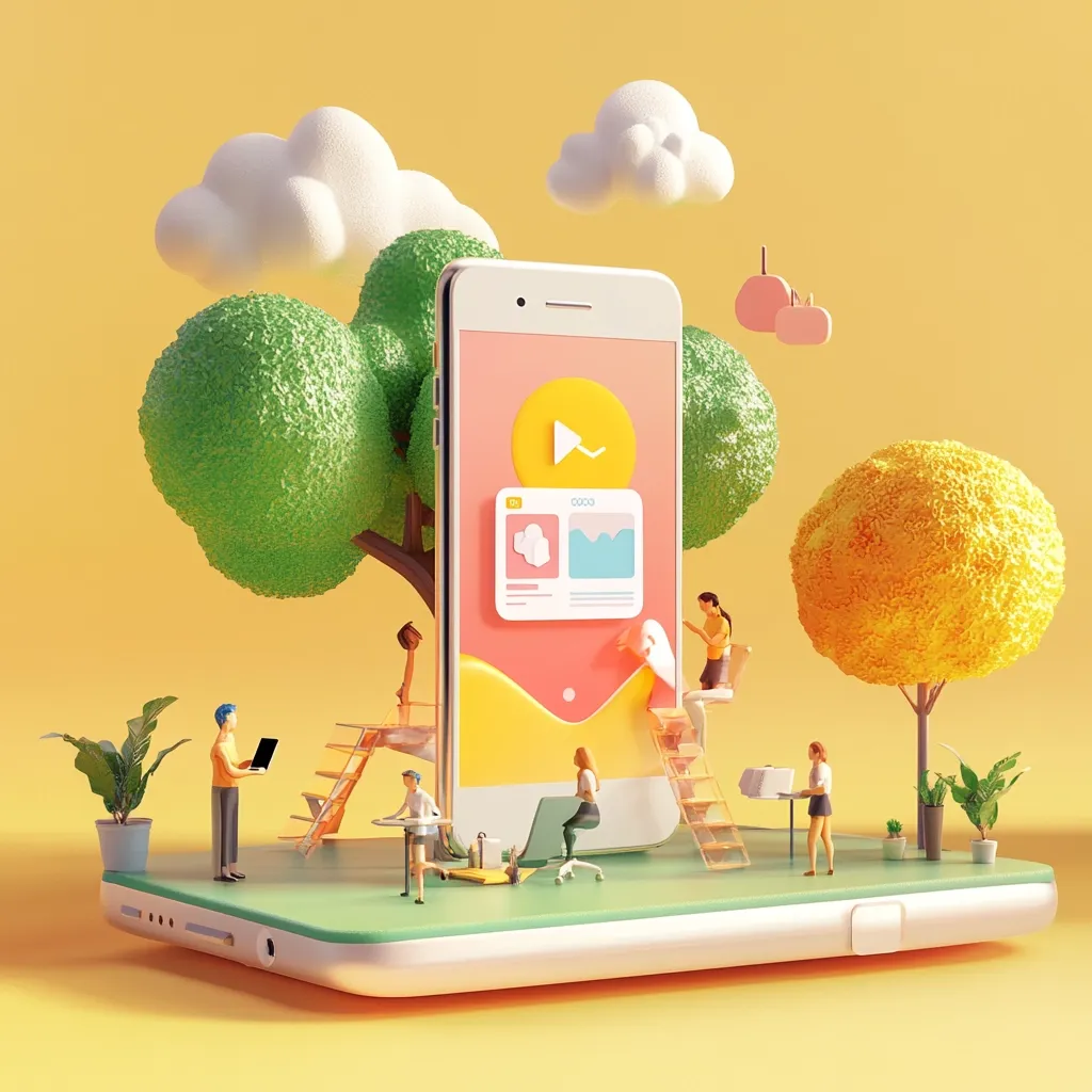 A 3D illustration depicts miniature people interacting with a giant smartphone displaying a media app.  The phone stands amidst stylized trees and clouds on a tablet-like base.  People work on laptops, sit on chairs, and use ladders, creating a whimsical scene representing digital engagement and productivity within a playful, virtual environment. The overall color palette is soft and pastel.
