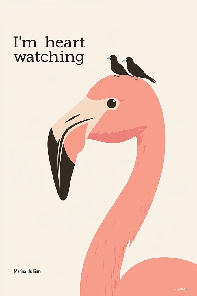 A minimalist illustration features a flamingo's head and neck, rendered in soft coral pink.  Two small, dark birds perch atop the flamingo's head.  The phrase "I'm heart watching" is prominently displayed, adding a whimsical and slightly melancholic tone.  The artist's signature, Marina Julian, is subtly placed at the bottom. The overall aesthetic is clean and modern.