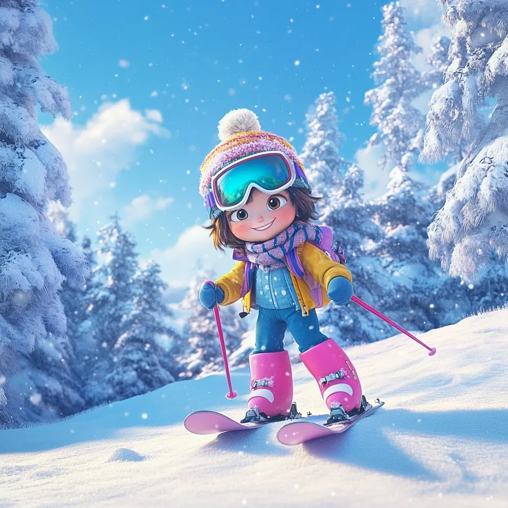 A cheerful cartoon girl, bundled in a bright yellow jacket, pink ski boots, and a fluffy hat, skis down a snowy slope.  Snowflakes gently fall around her as she enjoys the winter wonderland, surrounded by snow-covered pine trees.  Her skis leave a delicate trail in the pristine snow. The scene is bright and playful, filled with a sense of winter fun.