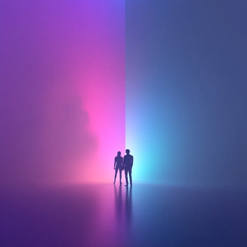 A digitally rendered image depicts a silhouetted couple standing hand-in-hand.  They are positioned centrally in a large, empty space bathed in a split, contrasting light; vibrant pink on the left, cool blue on the right. The hazy, atmospheric effect creates a dreamy, somewhat melancholic mood.  The couple's silhouettes are stark against the luminous backdrop, emphasizing their isolation and connection.