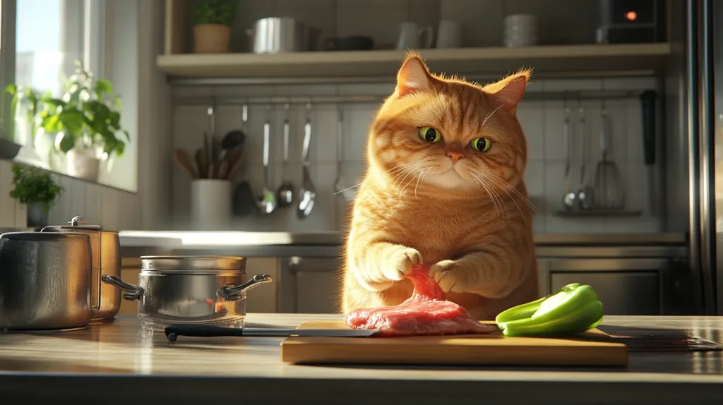 A fluffy ginger cat sits at a kitchen counter, meticulously preparing a raw steak.  Its paws delicately manipulate the meat, showcasing an unexpected culinary skill.  A wooden cutting board holds the steak and a green bell pepper, adding a touch of domesticity to the unusual scene.  The kitchen is bright and airy, bathed in sunlight.
