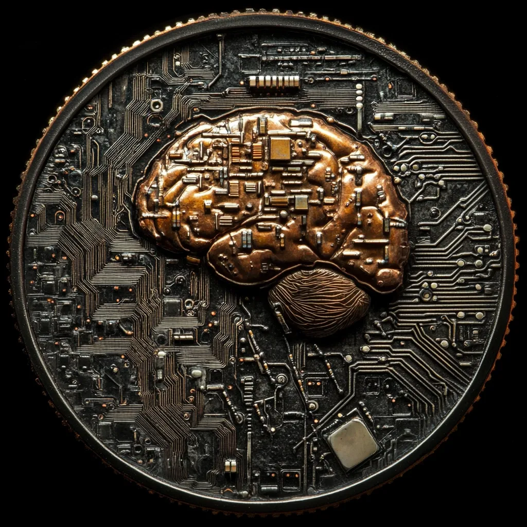 A circular coin, dark metallic in color, features a detailed copper-toned brain embedded within a circuit board design. The brain's texture mimics the intricate pathways of the surrounding circuitry, creating a visually striking representation of the connection between the human mind and technology. The coin's overall aesthetic is complex and high-contrast, highlighting the artistry of its creation.