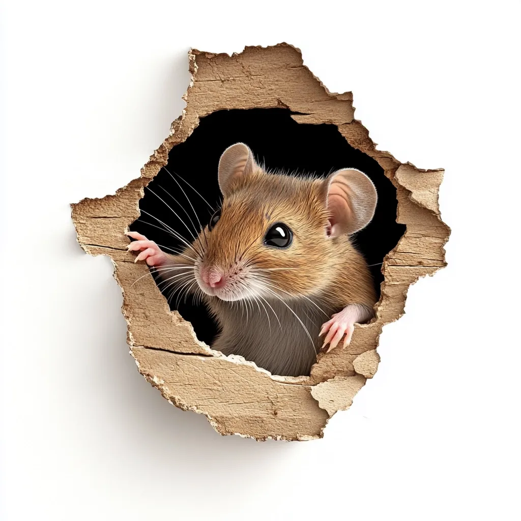 A small brown mouse peeks through a ragged hole in a piece of wood or cardboard.  Its large eyes and whiskers are prominent. The mouse's paws are visible gripping the edges of the hole, suggesting it has just emerged. The background is plain white, emphasizing the mouse and the damaged material. The image creates a sense of curiosity and perhaps a hint of mischief.