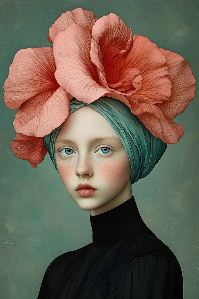A portrait of a young woman with fair skin and rosy cheeks. She wears a teal headscarf adorned with a large, coral-colored flower headdress. Her expression is serene, and her gaze is direct.  She is dressed in a simple, black high-necked blouse. The background is a muted teal, providing a soft contrast to the vibrant colors of the flowers and the woman's complexion. The overall style is reminiscent of classical portraiture with a modern twist.