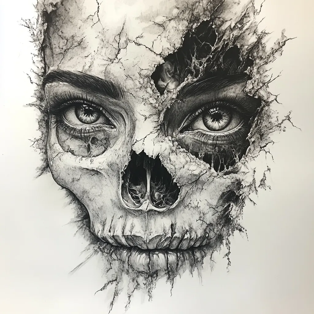 A striking grayscale drawing depicts a woman's face decaying into a skull.  The skin is fractured, revealing the underlying bone structure with intricate detail.  Her eyes, intense and expressive, remain visible amidst the disintegration.  The style is dark, surreal, and evocative of mortality and the passage of time.  The artist's skill is evident in the shading and textural representation of both skin and bone.