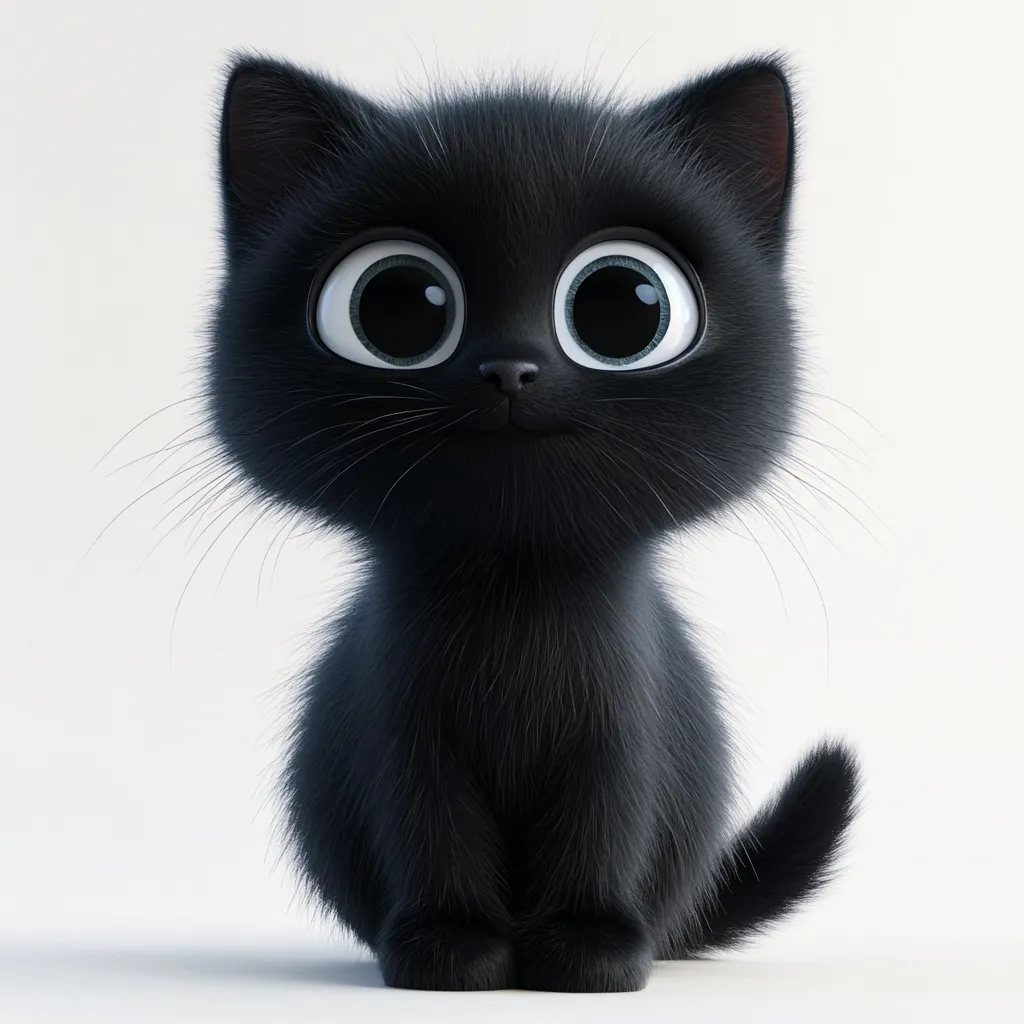 An adorable, cartoon-rendered black kitten sits against a white background.  Its large, expressive eyes and fluffy fur give it a charming and innocent appearance.  The kitten is positioned facing forward, appearing curious and playful. The image is clean and simple, focusing entirely on the endearing qualities of the kitten.