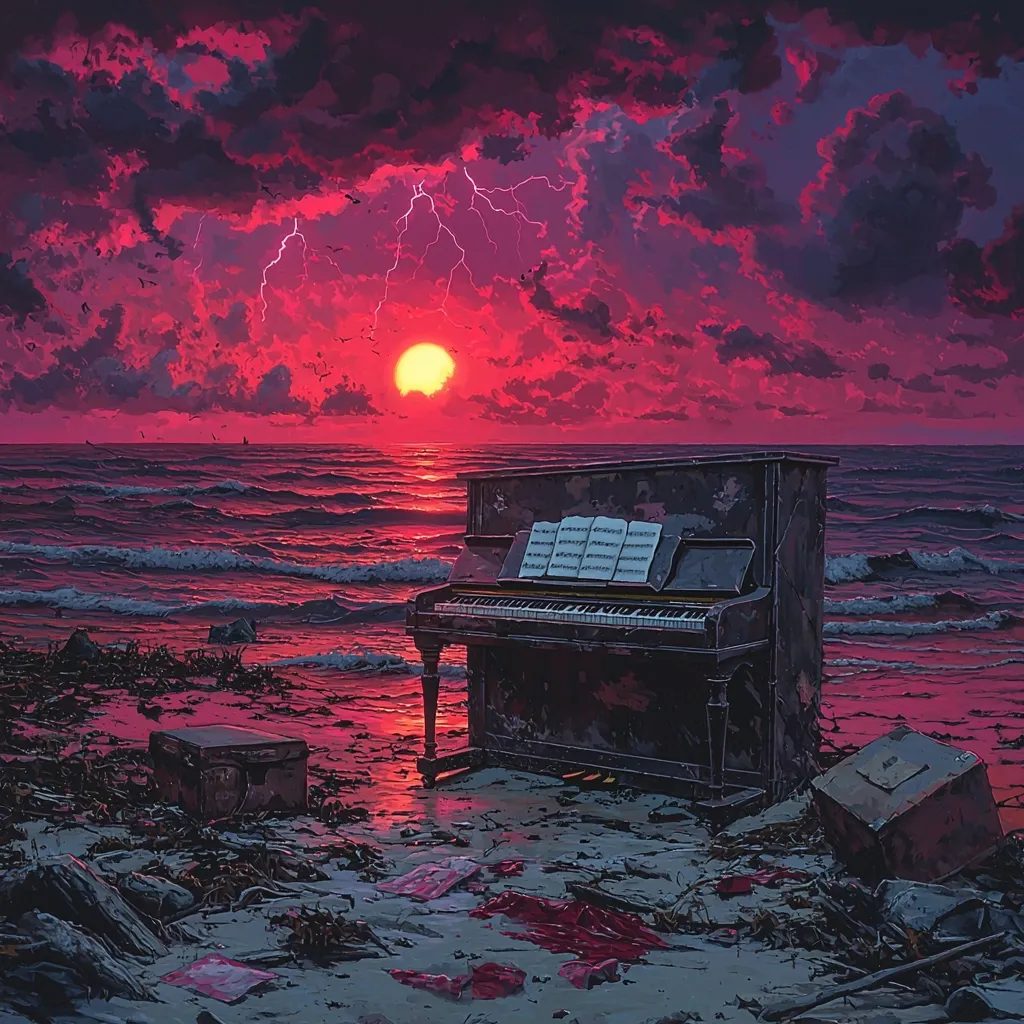 A weathered piano sits on a desolate beach at sunset.  Crimson clouds fill the sky, illuminated by a large, fiery sun and pierced by lightning bolts. Sheet music rests on the piano's keys.  Debris and scattered objects litter the sand, creating a scene of haunting beauty and melancholic solitude. The ocean waves gently lap at the shore.