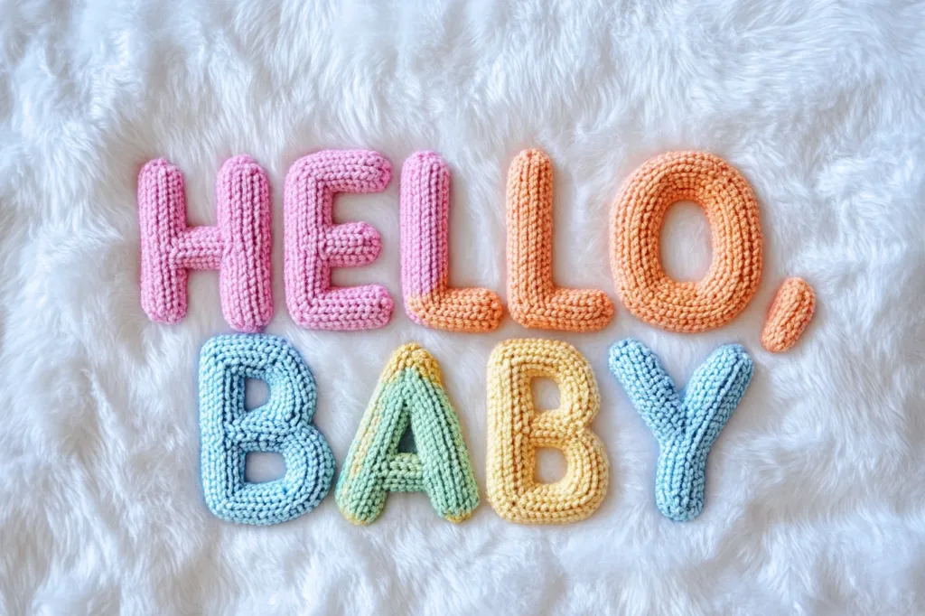 Knitted pastel-colored letters spell out "HELLO, BABY" on a white fluffy background.  The letters are chunky and appear handmade, creating a soft and charming baby-themed image.  The colors are soft pinks, oranges, yellows, and blues, providing a gentle and welcoming feel.