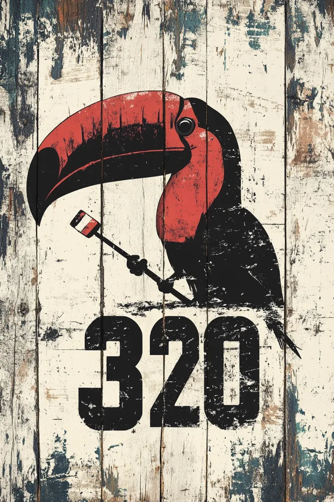 A stylized toucan illustration, rendered in black and red, is prominently featured on a distressed, off-white wooden background. The bird holds a small, flag-like object.  Below the toucan, the number "320" is displayed in bold, black lettering with a worn, vintage aesthetic, mimicking the texture of the wood. The overall style is reminiscent of rustic signage or a weathered wood carving.
