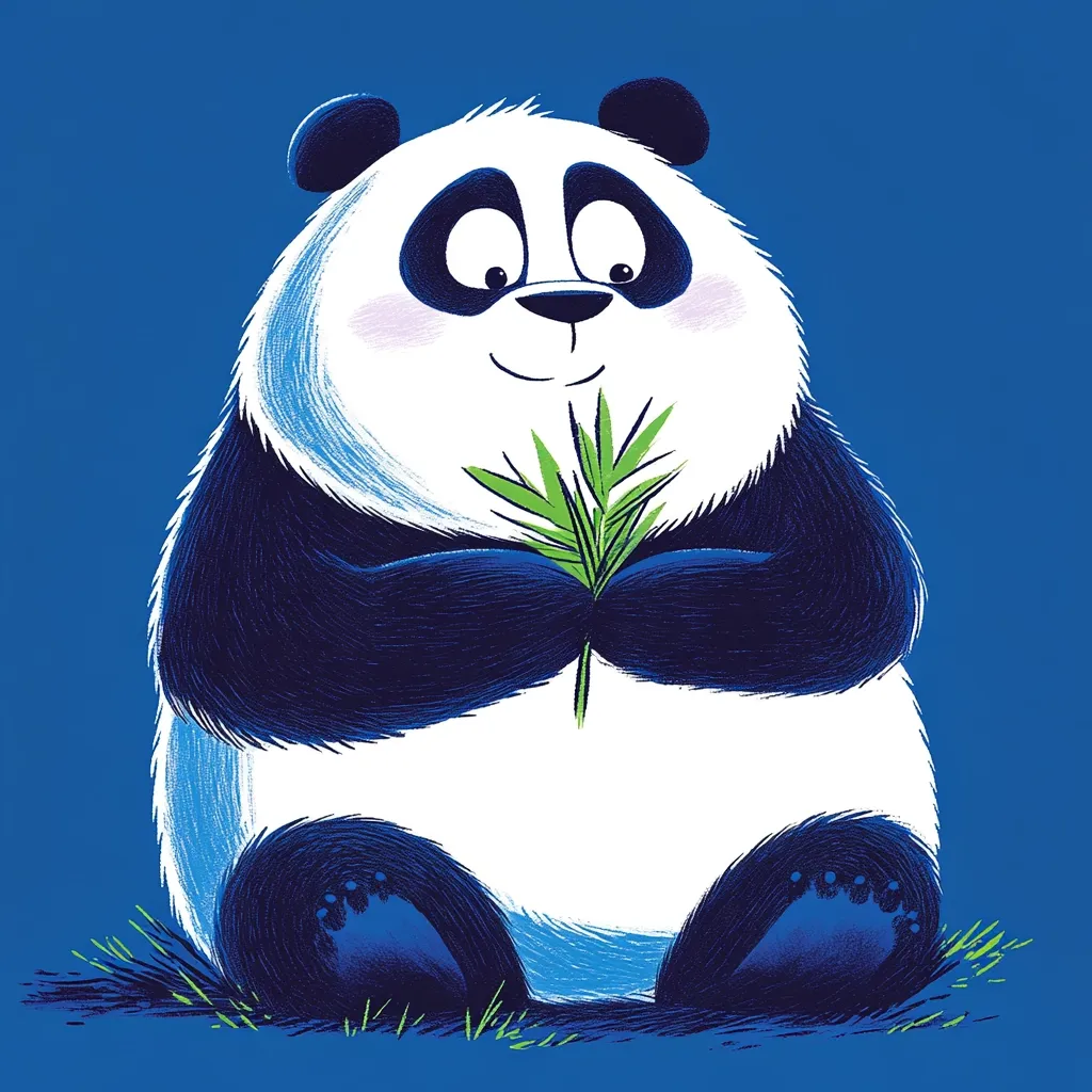 A cheerful cartoon panda sits on a patch of grass against a deep blue background.  The panda is plump and fluffy, holding a sprig of bamboo leaves delicately in its paws. Its expression is gentle and happy. The illustration style is stylized with textured brushstrokes, giving the panda a soft, almost furry appearance. The color palette is limited, emphasizing the panda's features against the contrasting blue.