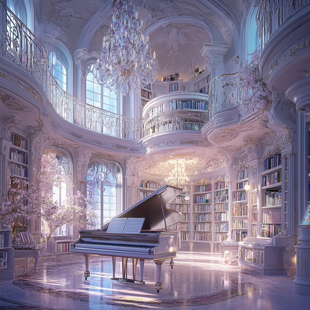 A grand, ornate library filled with bookshelves and a glistening grand piano occupies the center.  The room is lavishly decorated in pale purples and whites, with intricate detailing and large windows letting in soft light.  Crystal chandeliers hang from the high ceilings, and flowering trees add a touch of springtime beauty to this majestic, dreamy space.  The overall atmosphere is one of serene elegance and quiet contemplation.
