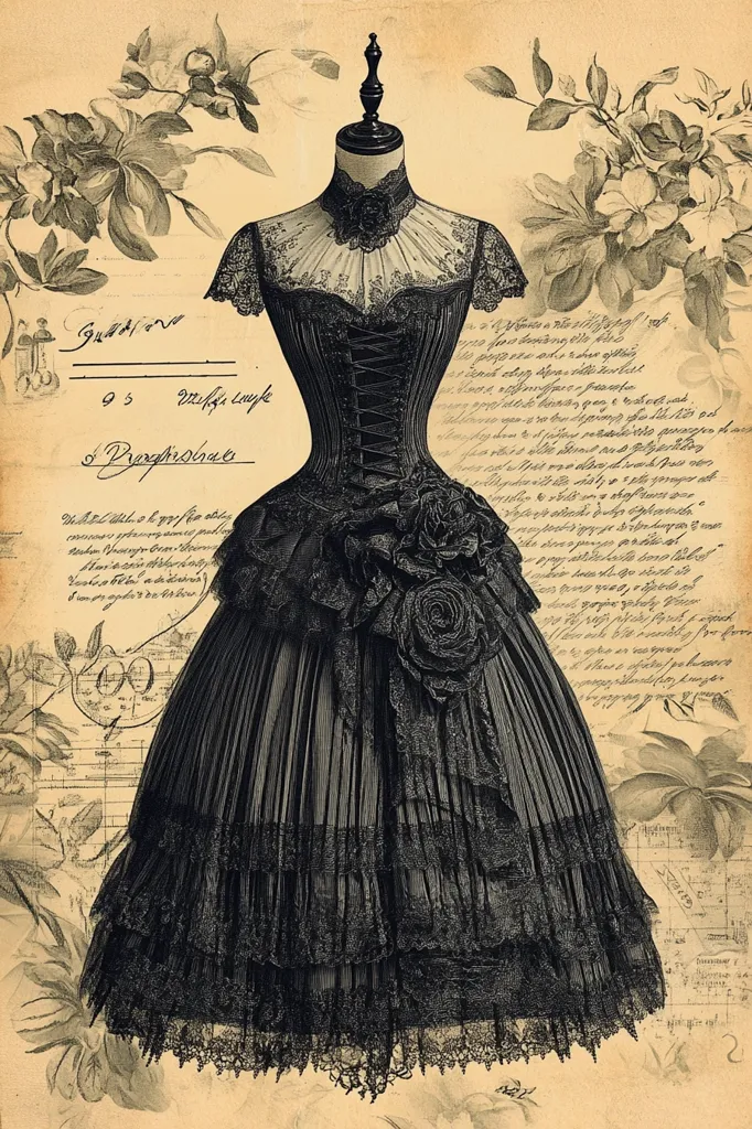 A monochromatic illustration depicts a black Victorian-era gown displayed on a mannequin.  The dress features a corseted bodice, layered skirt with lace trim, and a rose embellishment.  The background is a sepia-toned collage of handwritten text, floral designs, and musical notation, creating a vintage aesthetic. The overall style suggests a fashion plate or design sketch from the late 19th century.