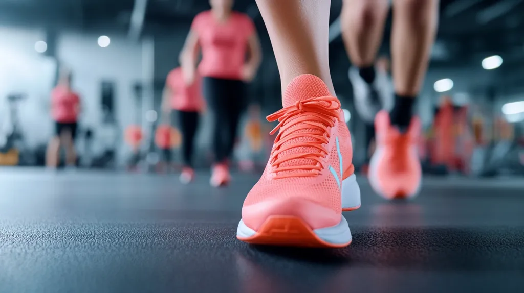 Close-up of a person's coral running shoes in a gym.  The runner is in motion, blurred figures of other people exercising are visible in the background, suggesting a group fitness class or busy gym environment.  The focus is sharply on the bright pink shoes, highlighting the details of the footwear.