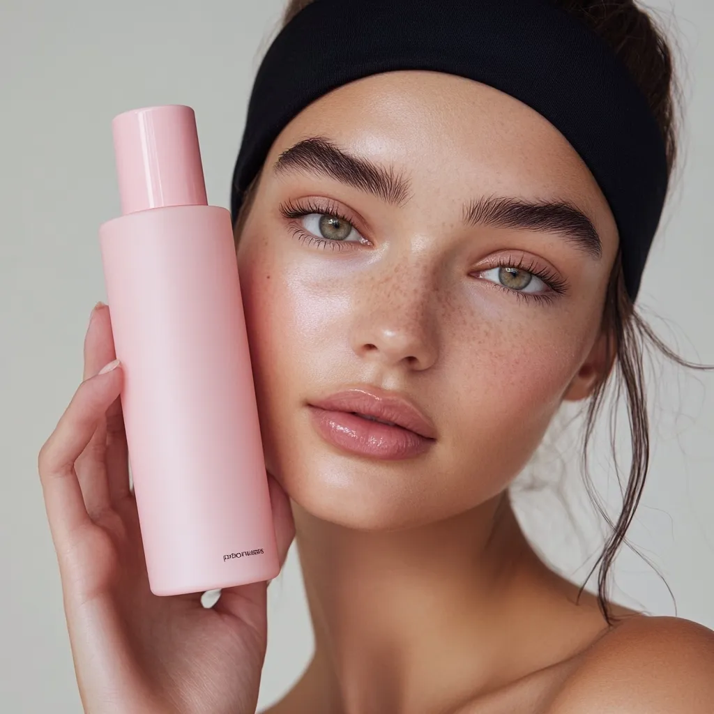 A close-up shot features a young woman with a headband holding a pale pink cylindrical bottle to her face.  Her skin is subtly freckled and glowing, with neatly groomed eyebrows. She has a natural, fresh makeup look. The bottle appears to be a skincare product. The overall aesthetic is clean and minimalistic.