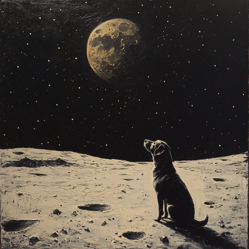 A painting depicts a lone black dog sitting on a moon-like landscape, gazing up at a large, cratered celestial body in a star-filled night sky. The dog's silhouette is stark against the pale surface, emphasizing its solitary presence in the vast expanse of space.  The style is painterly, with visible brushstrokes adding texture to the scene. The overall mood is one of quiet contemplation and awe.