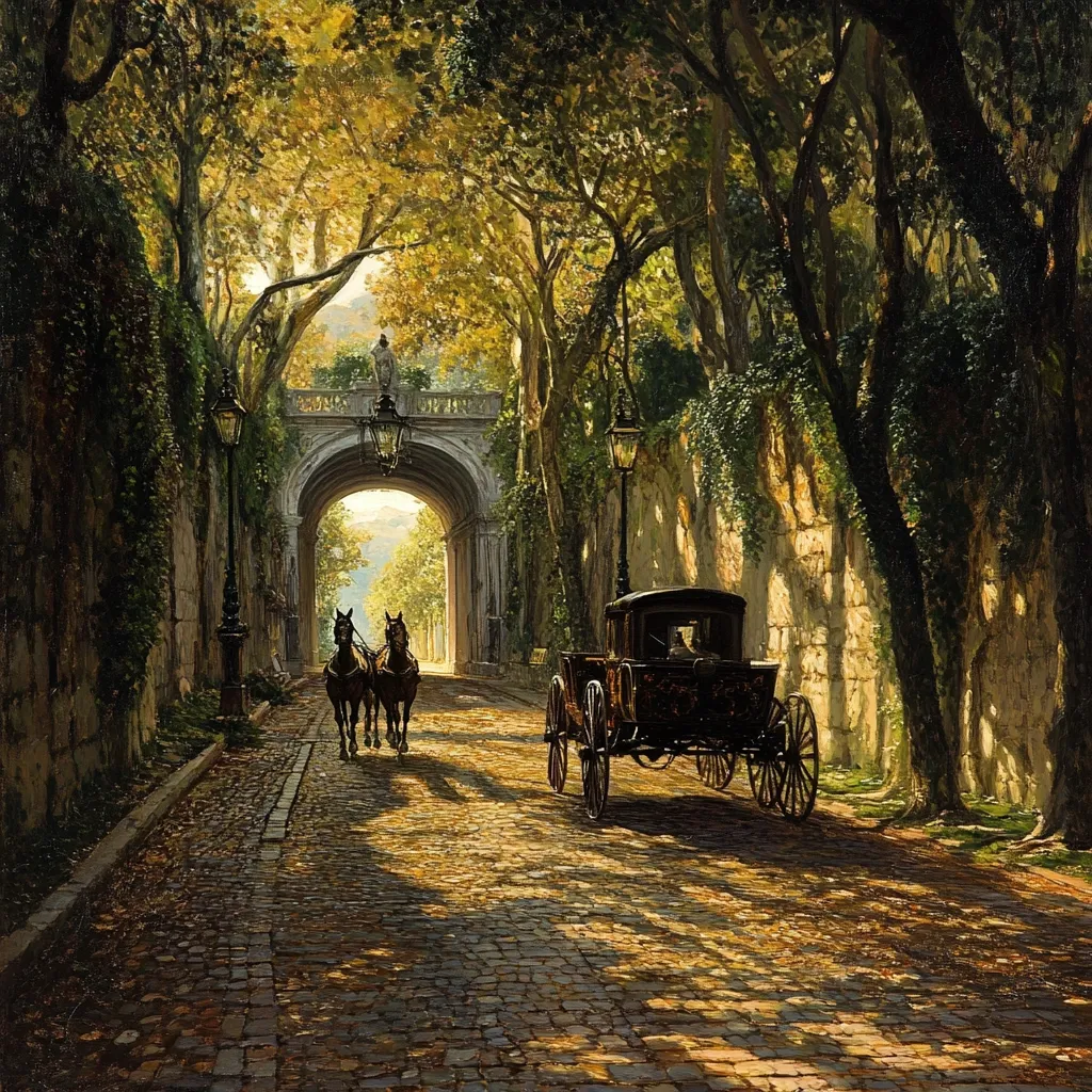 A horse-drawn carriage and a pair of horses travel down a sun-dappled cobblestone road, passing through a stone archway under a canopy of lush, green trees. The archway leads to a bright, sunlit landscape beyond. Lampposts line the walls, enhancing the idyllic, almost fairytale-like ambiance of the scene. The painting uses rich, warm tones to create a sense of serenity and tranquility.
