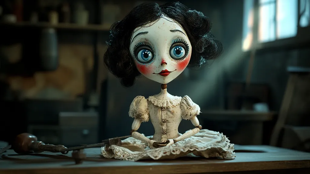 A meticulously crafted porcelain doll, with oversized blue eyes and rosy cheeks, sits on a wooden table.  Her dark hair is styled in elegant curls, and she wears a delicate, off-white dress. The doll's slightly weathered appearance adds to her antique charm.  The background is a dimly lit workshop, suggesting a handcrafted origin.  The overall aesthetic is dark, whimsical, and slightly unsettling.