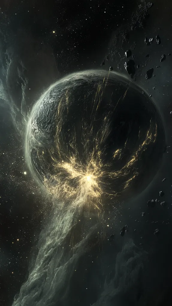 A dark planet, possibly undergoing a catastrophic event, is depicted in a cosmic scene.  Glowing, golden energy bursts from its surface, radiating outwards amidst a field of asteroids and nebulae.  The overall mood is one of intense energy and potential destruction, set against the backdrop of a star-studded void.  The image has a dark, somewhat ominous aesthetic.