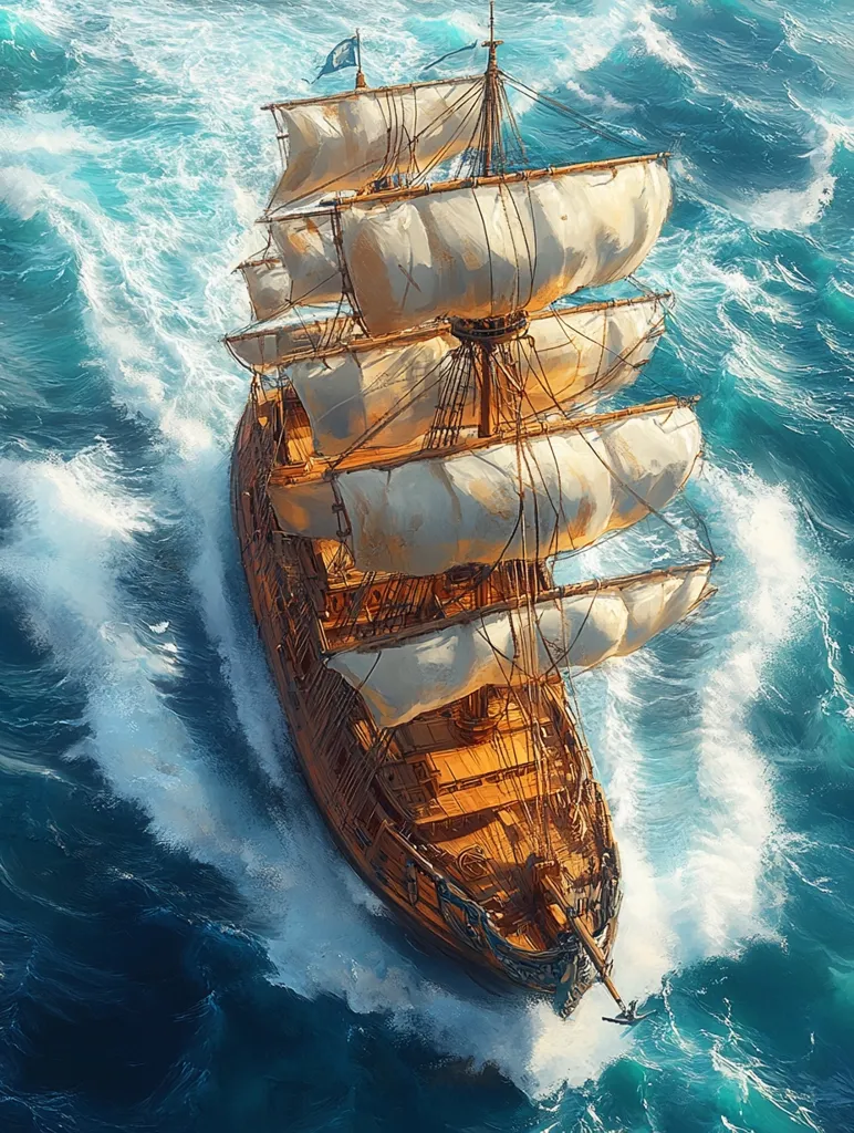 A majestic wooden sailing ship, with billowing white sails, navigates turbulent ocean waves.  The ship's hull is a rich, dark brown, contrasting with the bright sails and churning blue-green water.  The aerial perspective emphasizes the ship's size and the power of the sea around it.  Whitecaps crash against the vessel, showcasing the dynamic energy of the scene.