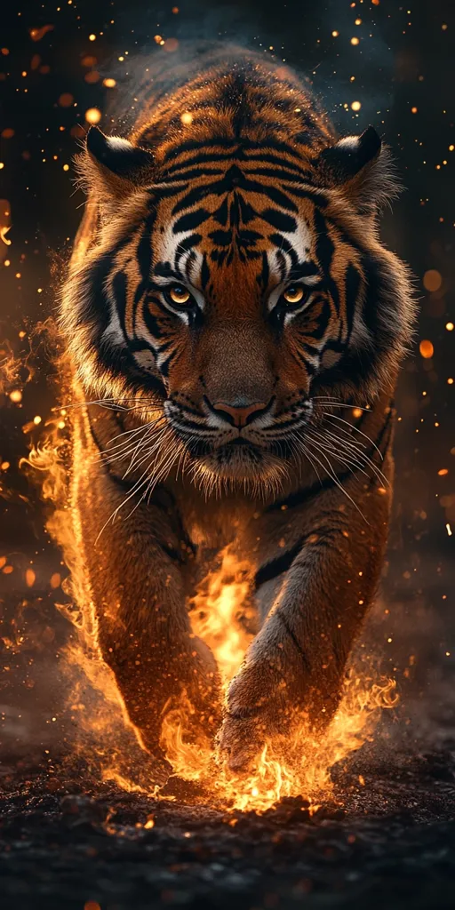 A majestic tiger, its fur ablaze with fiery orange and black stripes, strides forward.  Embers and sparks dance around it, creating a dramatic, almost mythical scene.  The tiger's intense gaze is fixed on the viewer, conveying power and untamed wildness against a dark, smoky background. The image is a captivating blend of realism and fantasy.