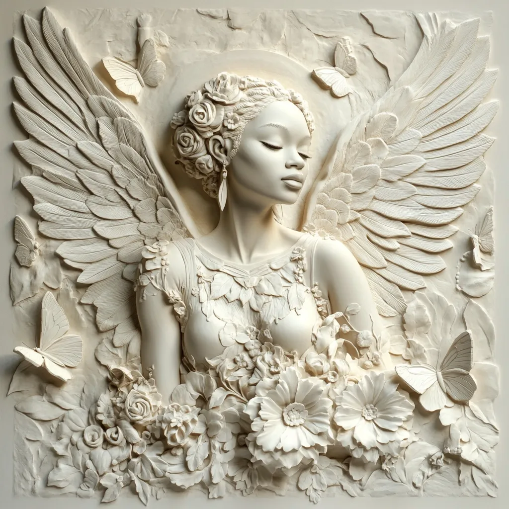 A stunning bas-relief sculpture depicts a serene angel with dark skin, eyes closed, and hair adorned with roses.  Large, intricately detailed wings frame her, while her hands gently hold a bouquet of flowers.  Butterflies and floral motifs are carved throughout the piece, creating a harmonious blend of nature and angelic grace. The overall effect is one of peaceful beauty and delicate artistry.