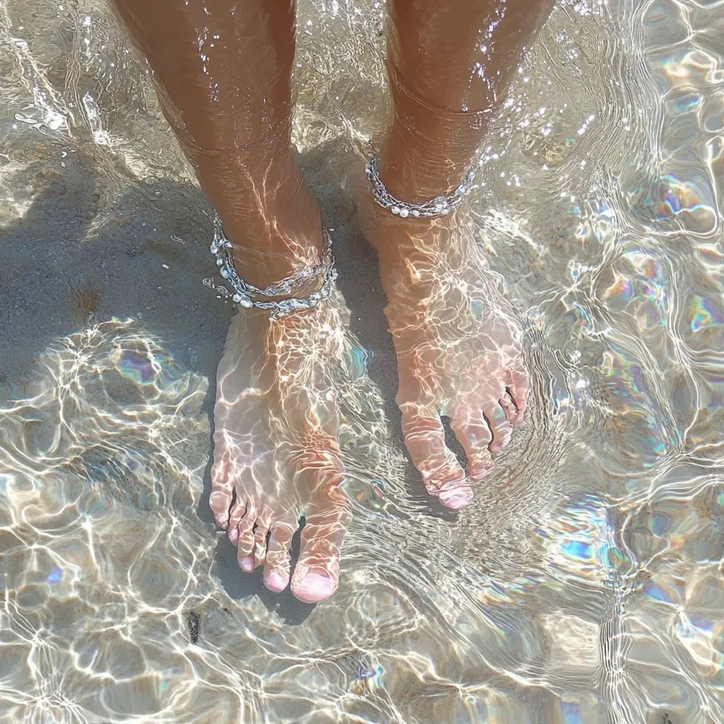 A close-up shot of two bare feet submerged in shallow, clear water.  The water is shimmering, revealing the sandy bottom.  Both feet are adorned with delicate silver anklets. The scene evokes a sense of calm and relaxation, suggestive of a beach or seaside setting. The sunlight refracts beautifully through the water.