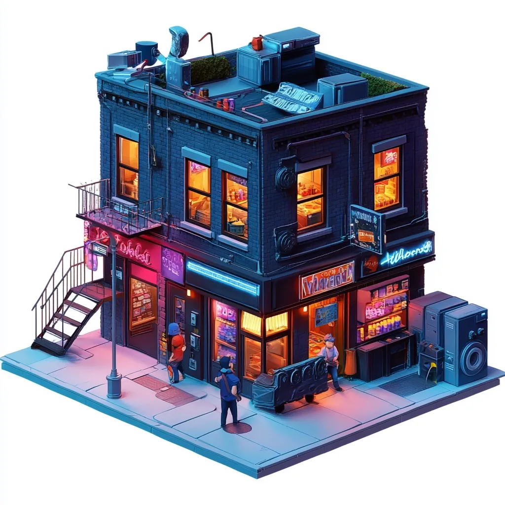 A stylized isometric rendering depicts a three-story city building at night.  Neon signs illuminate storefronts labeled "Tokio," and "City Variety."  People stand on the sidewalk, adding to the urban scene.  The building's rooftop features various equipment, implying a bustling city environment.  The overall aesthetic is vibrant and slightly futuristic, with a focus on neon lighting and detailed textures.
