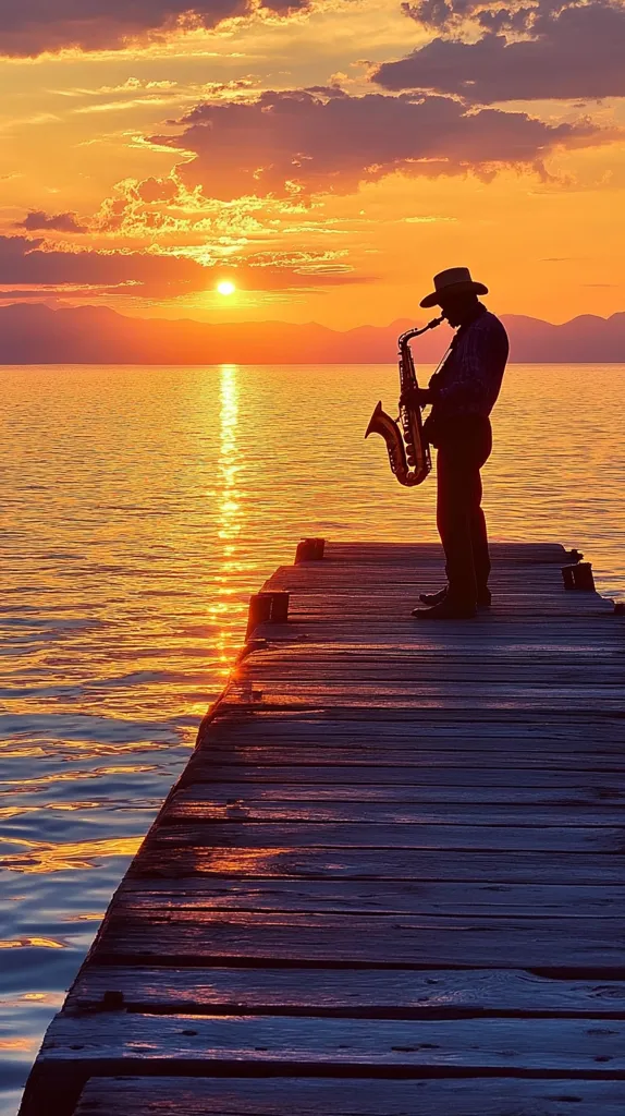 A lone figure, silhouetted against a vibrant sunset, stands on a wooden dock playing a saxophone.  The calm water reflects the fiery hues of the sky. The scene is peaceful and evocative, capturing a moment of serene musical expression at the end of the day.  Mountains are visible in the distance, adding to the tranquil atmosphere.